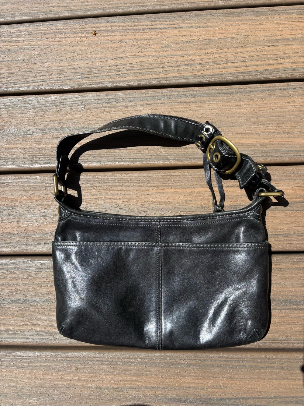 Vintage Coach Black Leather Bleeker Tattersall Shoulder Bag Brass Hardware 11416